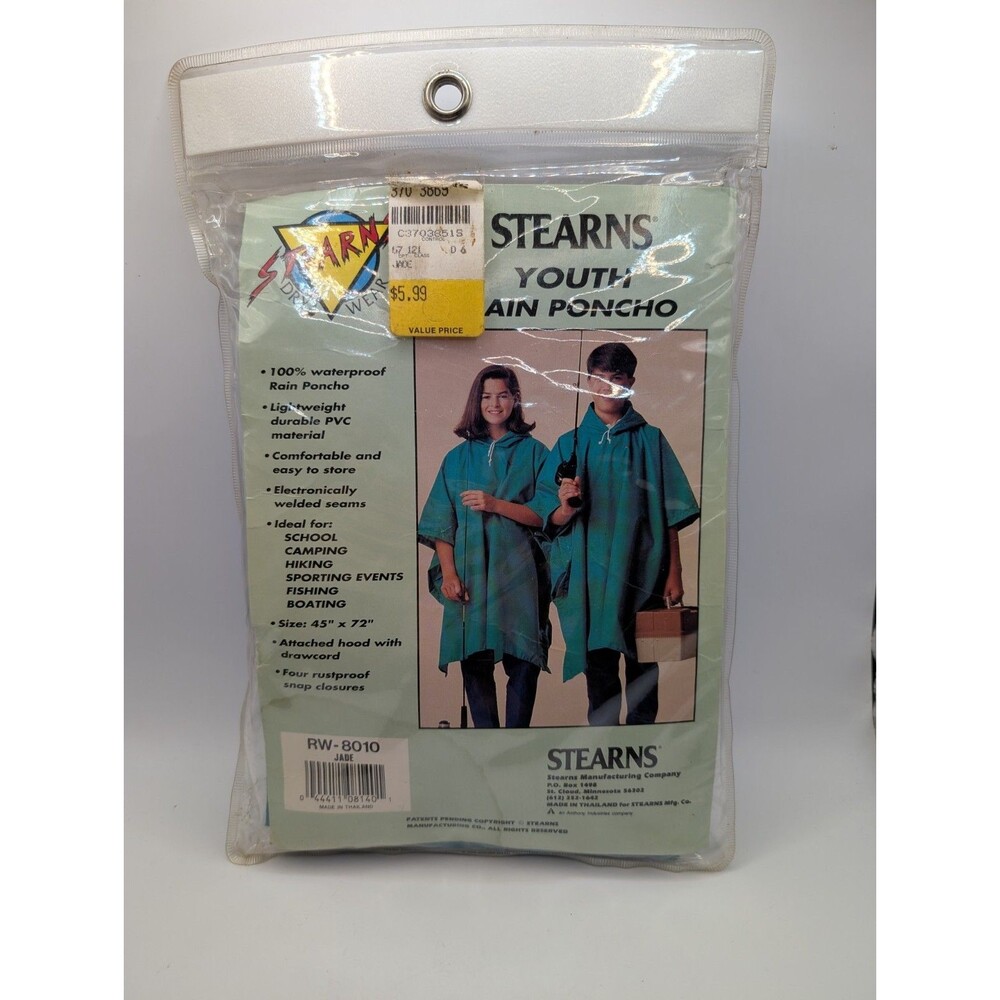 Vintage Stearns Hooded Rain Poncho Teal Youth Unisex New VTG Old Stock
